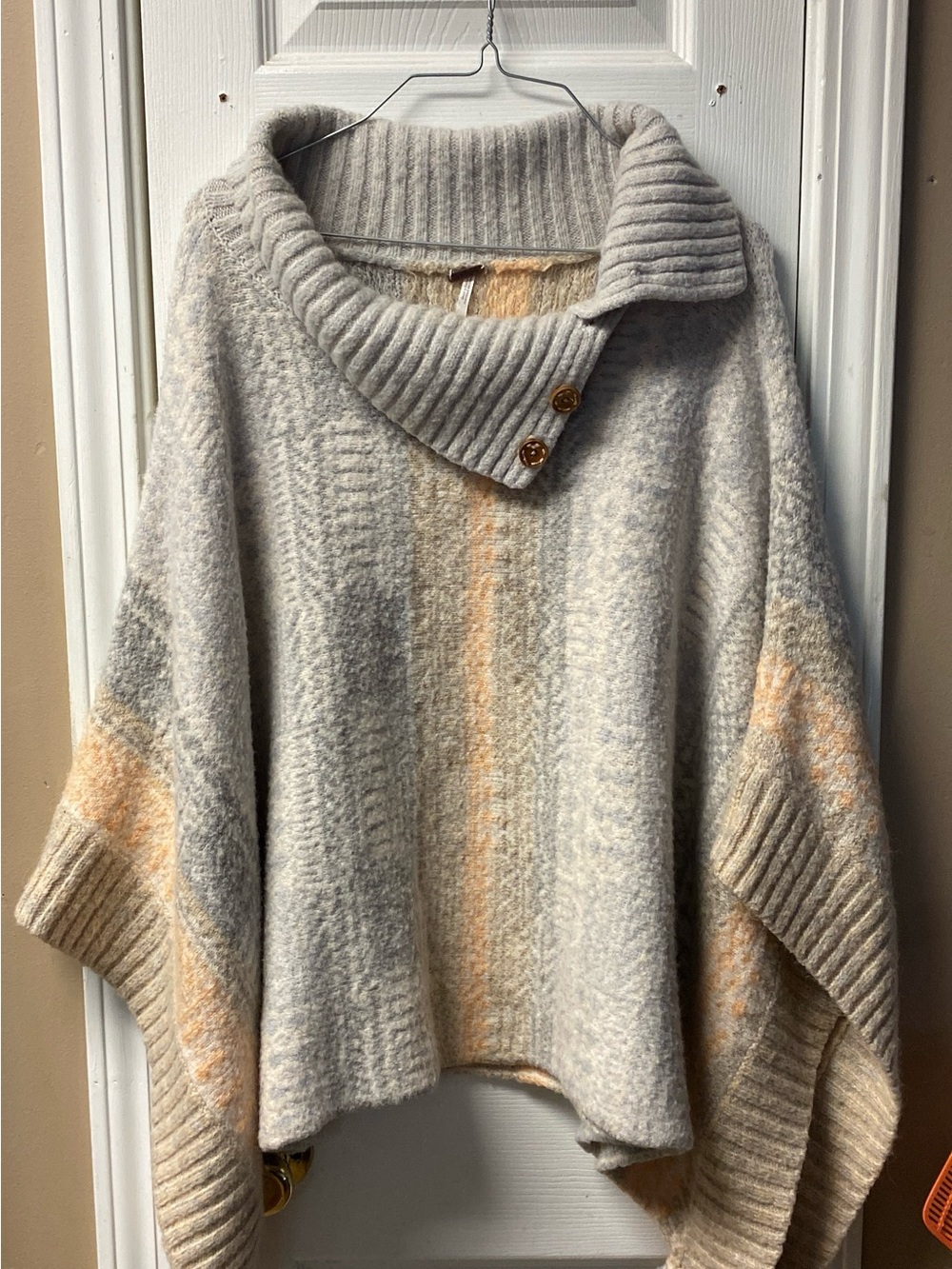 Free People Ribbed Funnel-Collar Poncho in Cream, Light Gray & Peach